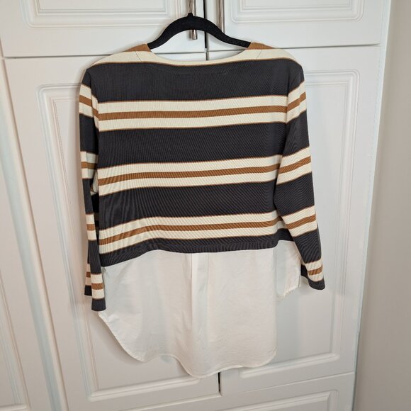 Veronica Beard Bertie Layered Top L - Charcoal/Tan/White Stripes, Gold Buttons - Picture 6 of 12